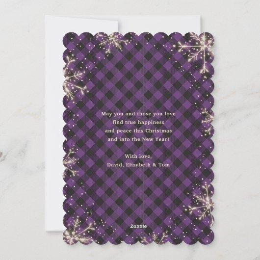 紫色の格子模様のスノーフレーク写真メリークリスマス シーズンカード (裏面)