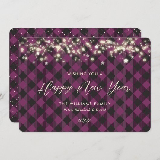 紫色の格子模様のハッピーニューイヤーカード シーズンカード (正面/裏面)