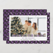 紫色の格子模様の星の信じ写真クリスマスカード シーズンカード (正面/裏面)