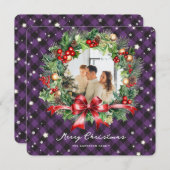 紫色の格子模様リース写真メリークリスマスカード シーズンカード (正面/裏面)