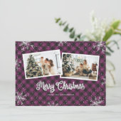 紫色の格子縞シルバースノーフレーク写真クリスマスカード シーズンカード (スタンド正面)
