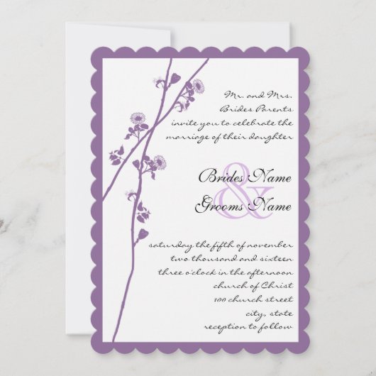 紫色の梅の野生の花枝の結婚式の招待 招待状 (正面)