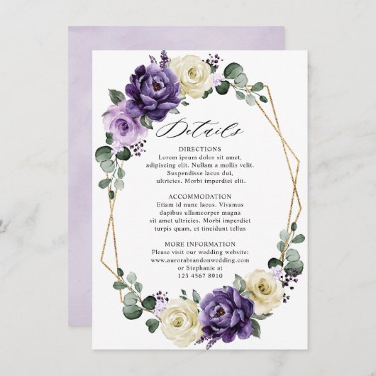 紫色の梅アイボリー金ゴールドフローラ幾何学的詳細 エンクロージャーカード (正面/裏面)