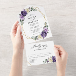 紫色の梅アイボリー金ゴールドフローラ幾何結婚の オールインワン招待状