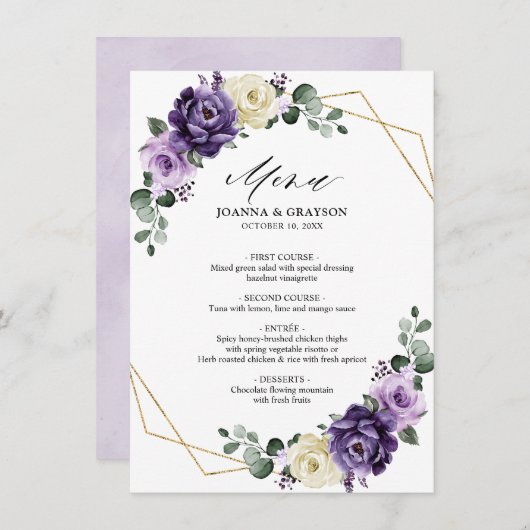 紫色の梅アイボリー金ゴールドフローラ幾何結婚の メニュー (正面/裏面)
