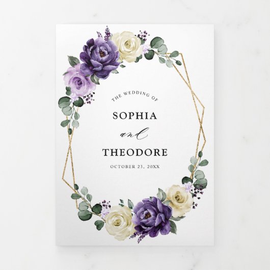 紫色の梅アイボリー金ゴールドフローラ幾何結婚の 三つ折り案内状 (カバー)