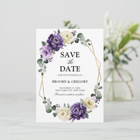 紫色の梅アイボリー金ゴールド幾何学日付の保存 (スタンド正面)