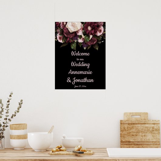 紫色の梅ピンクの牡丹が私たちのポー結婚へようこそ ポスター (キッチン)