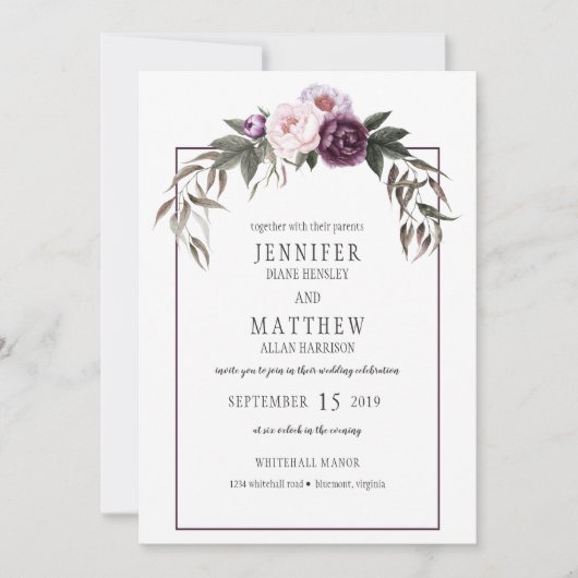 紫色の梅ピンク牡丹の水彩結婚式#1 招待状 (正面)