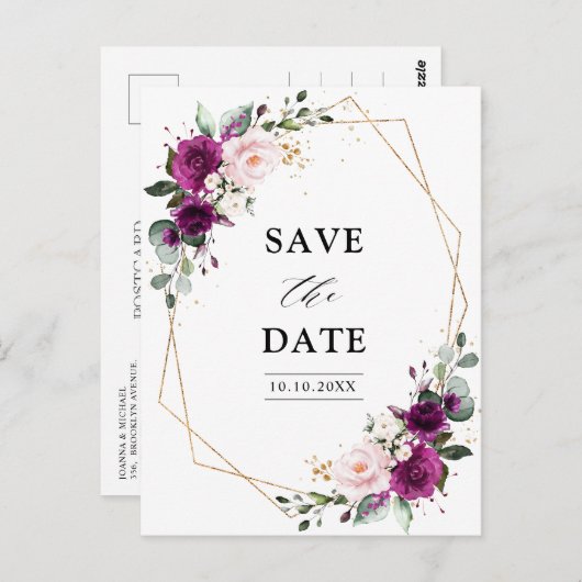 紫色の梅赤面バラ幾何学日付の保存 ポストカード (正面/裏面)