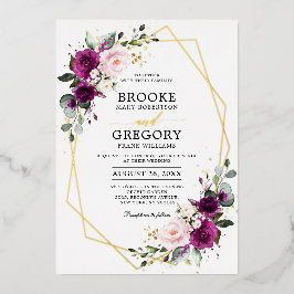 紫色の梅赤面ピンクローズボホジオメトリック結婚ス 箔招待状