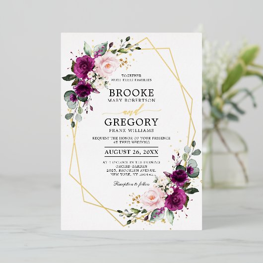 紫色の梅赤面ピンクローズボホジオメトリック結婚ス 箔招待状 (立ち正面)