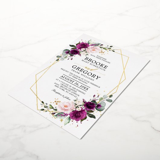 紫色の梅赤面ピンクローズボホジオメトリック結婚ス 箔招待状 (回転した状態)