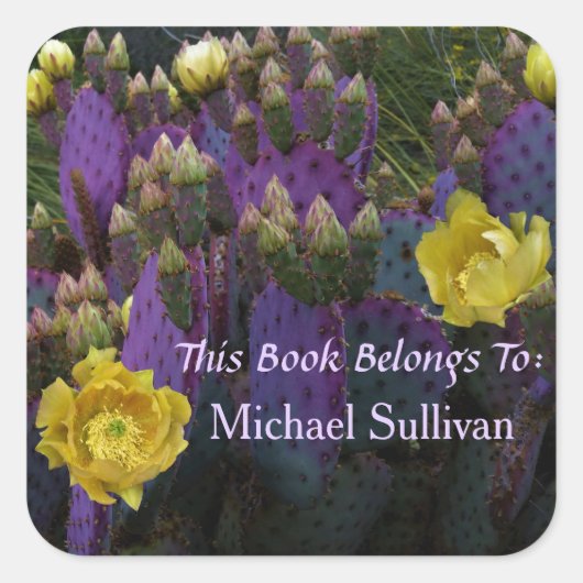 紫色の棘のあるナシのサボテン黄色の花 スクエアシール (正面)