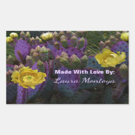 紫色の棘のあるナシのサボテン黄色の花 長方形シール