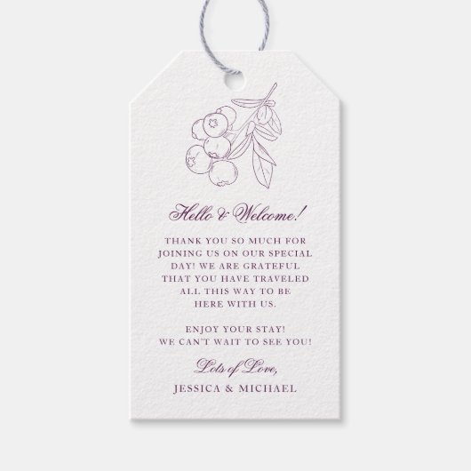 紫色の植物のアウトラインエレガントな結婚式へようこそ ギフトタグ (正面)