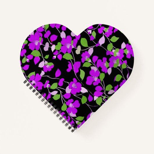 紫色の椿、白の緑の葉黒のフローラ ノートブック (正面)