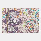 紫色の様式化されたジオメトリックフクロウファミリ キッチンタオル (横)