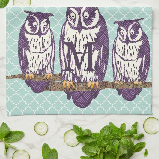 紫色の様式化されたジオメトリックフクロウファミリ キッチンタオル (折り畳み)