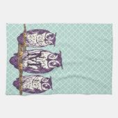 紫色の様式化されたジオメトリックフクロウファミリ キッチンタオル (横)