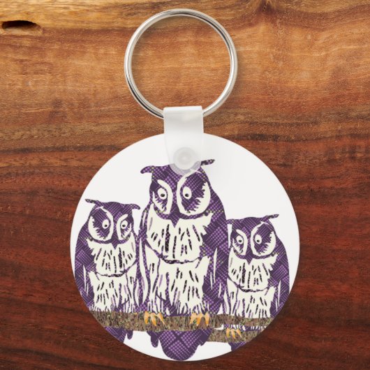 紫色の様式化されたジオメトリックフクロウファミリ キーホルダー (正面)