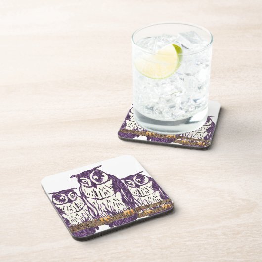 紫色の様式化されたジオメトリックフクロウファミリ コースター (右側)