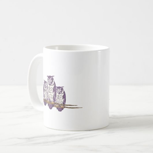 紫色の様式化されたジオメトリックフクロウファミリ コーヒーマグカップ (正面左)
