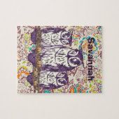 紫色の様式化されたジオメトリックフクロウファミリ ジグソーパズル (横)