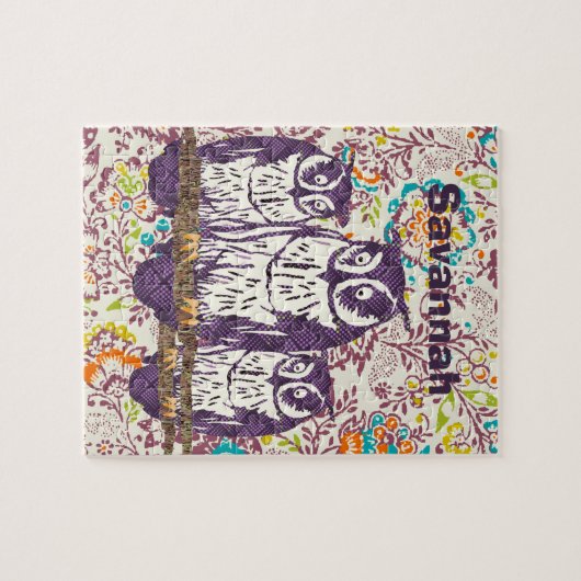 紫色の様式化されたジオメトリックフクロウファミリ ジグソーパズル (横)