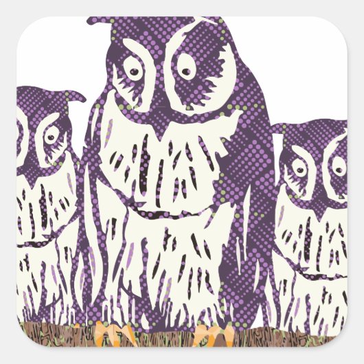 紫色の様式化されたジオメトリックフクロウファミリ スクエアシール (正面)
