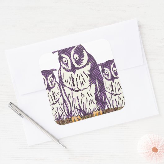 紫色の様式化されたジオメトリックフクロウファミリ スクエアシール (封筒)