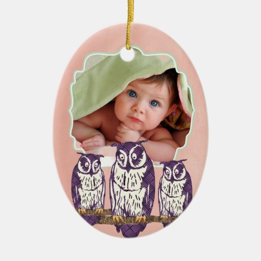 紫色の様式化されたジオメトリックフクロウファミリ セラミックオーナメント (正面)