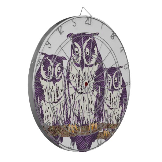 紫色の様式化されたジオメトリックフクロウファミリ ダーツボード (正面左)