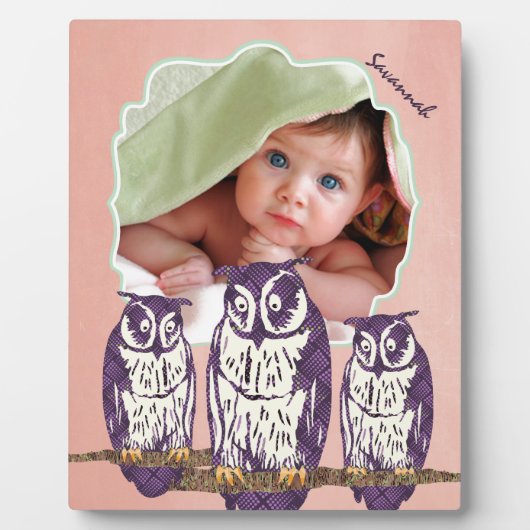 紫色の様式化されたジオメトリックフクロウファミリ フォトプラーク (正面)