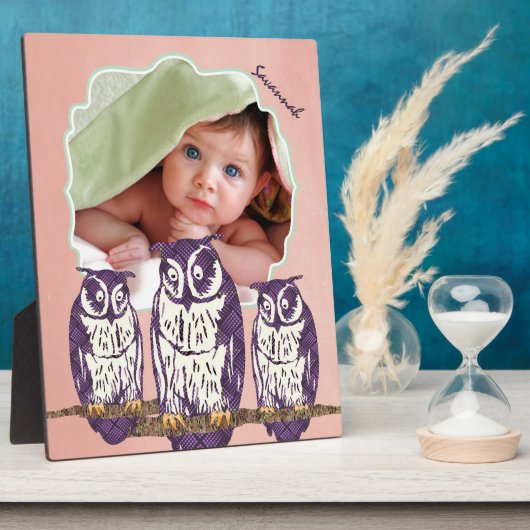 紫色の様式化されたジオメトリックフクロウファミリ フォトプラーク (側面)