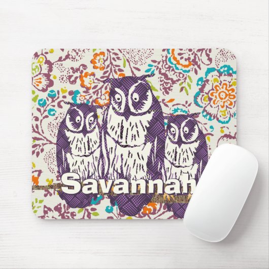 紫色の様式化されたジオメトリックフクロウファミリ マウスパッド (マウス)