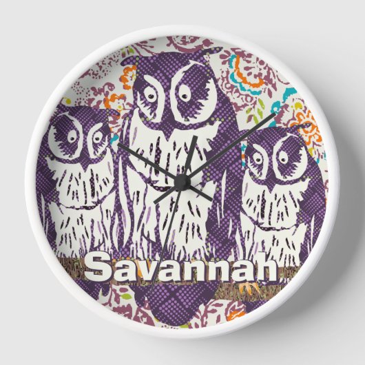 紫色の様式化されたジオメトリックフクロウファミリ 壁時計 (正面)