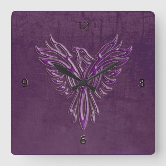 紫色の様式化フェニックスライジング、レザーテクスチャ ラージ壁時計 (正面)