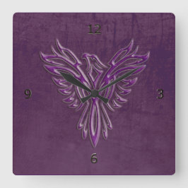紫色の様式化フェニックスライジング、レザーテクスチャ ラージ壁時計