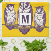 紫色の様式化フクロウファミリー キッチンタオル (折り畳み)