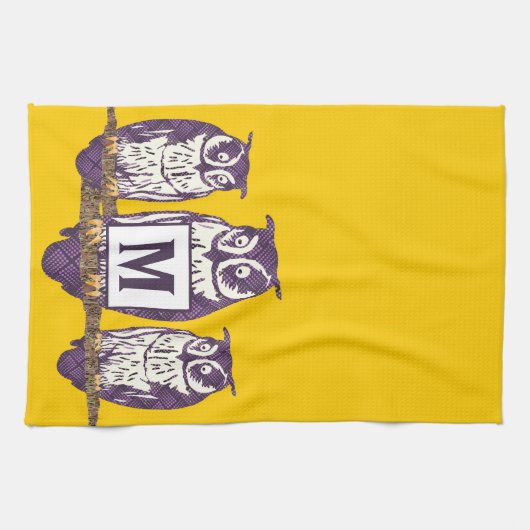 紫色の様式化フクロウファミリー キッチンタオル (横)