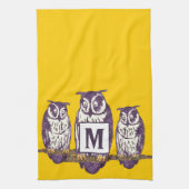 紫色の様式化フクロウファミリー キッチンタオル (縦)