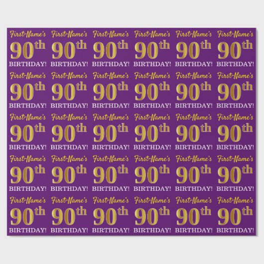 紫色の模倣金ゴールド"90誕生日" ラッピングペーパー (フラット)