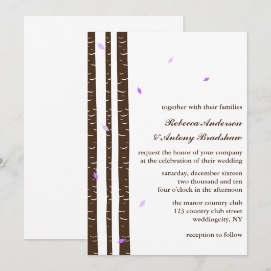 紫色の樺の木の結婚 招待状 (正面/裏面)