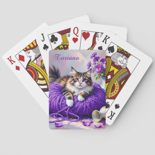 紫色の毛糸と花の猫 トランプ (裏面)