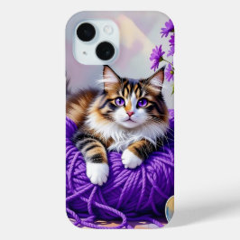 紫色の毛糸と花の猫 iPhone 15ケース