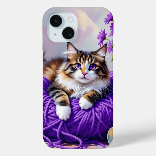 紫色の毛糸と花の猫 Case-Mate iPhoneケース (裏面)
