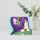 紫色の毛色の猫の少女(ヘッドフォン付き) ポストカード (スタンド正面)