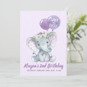 紫色の気球を持つ美しいラベンダー象 招待状 (スタンド正面)