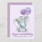 紫色の気球を持つ美しいラベンダー象 招待状 (正面/裏面)